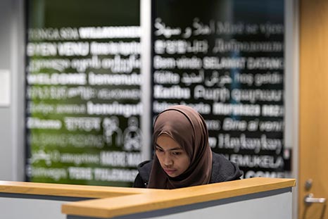 A student studying in the language center.