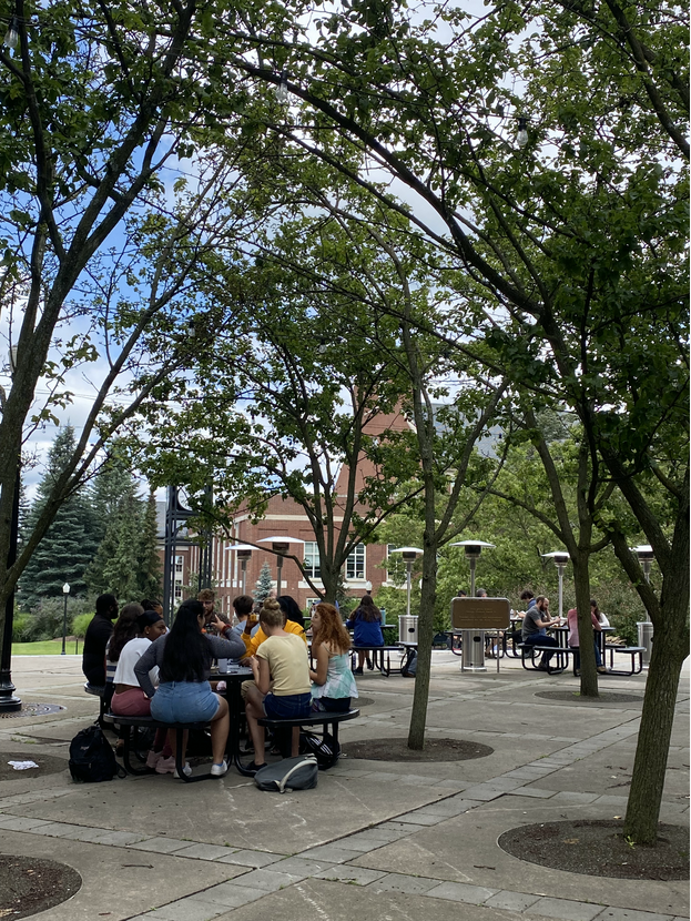 Wide shot of many tables of people eating and drinking