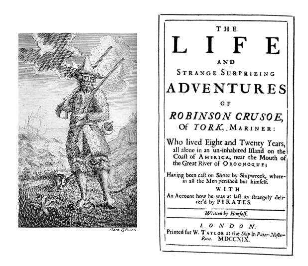 Illustration and title page from Daniel Defoe’s Robinson Crusoe.