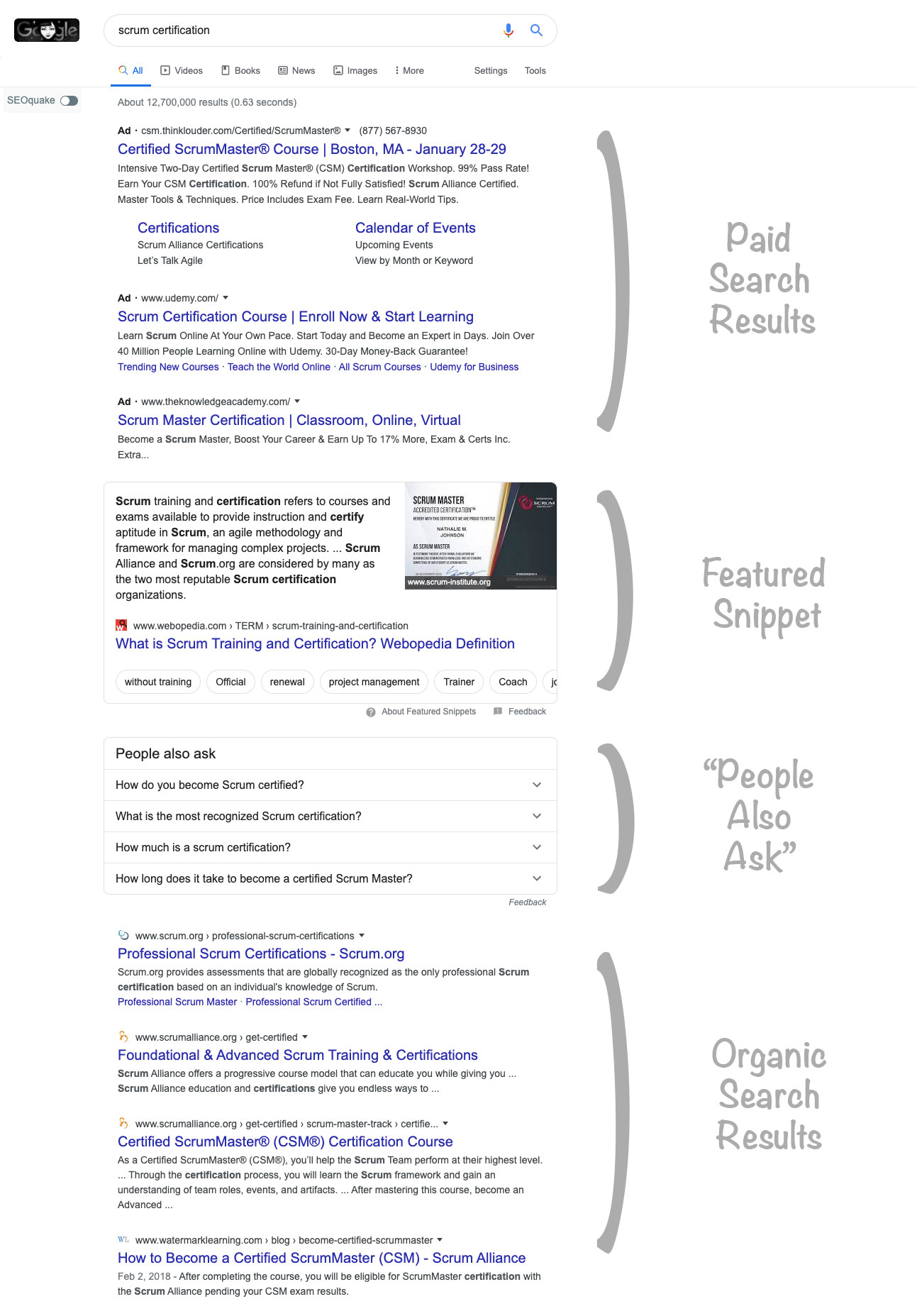 An annotated Google search results page.