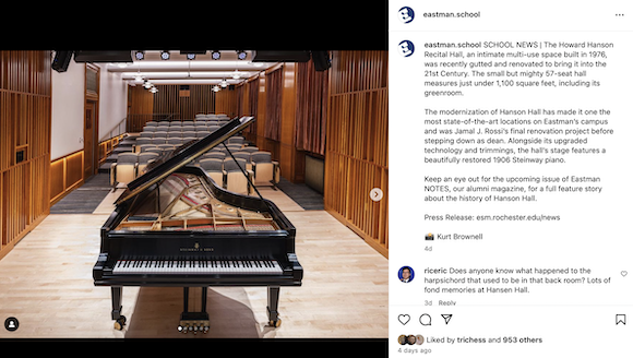 Screenshot of the Eastman School of Music Instagram featuring a grand piano