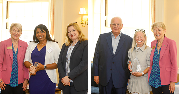 Two photos from the Presidential Staff Awards. On the left, Veena Ganeshan accepts an award from Sara Mangelsdorf and Kathleen Gallucci; on the right, Jill Morris accepts the award from Tom Richards and Sara Mangelsdorft.