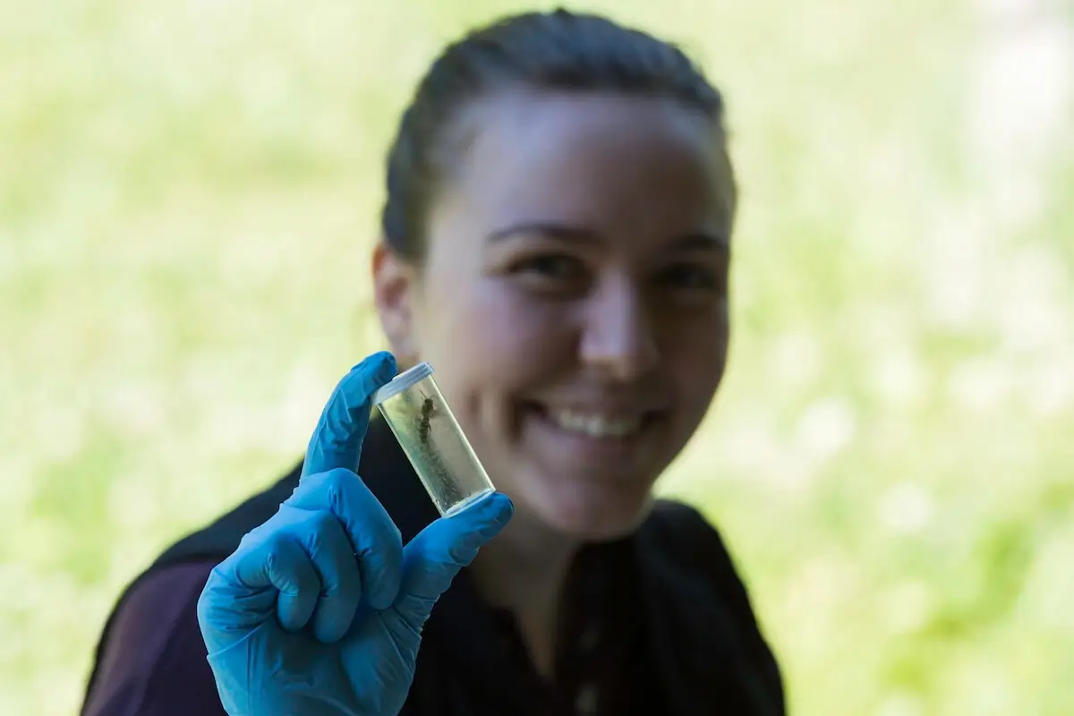 Eisabella Sherwood holds a vial with a worm trapped inside.