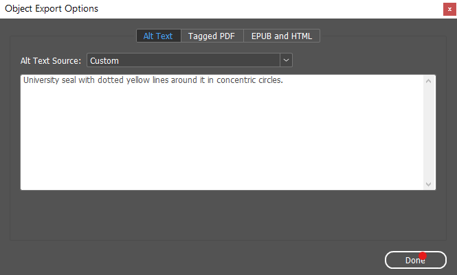 Screenshot of InDesign Object Export Options dialog with Alt Text