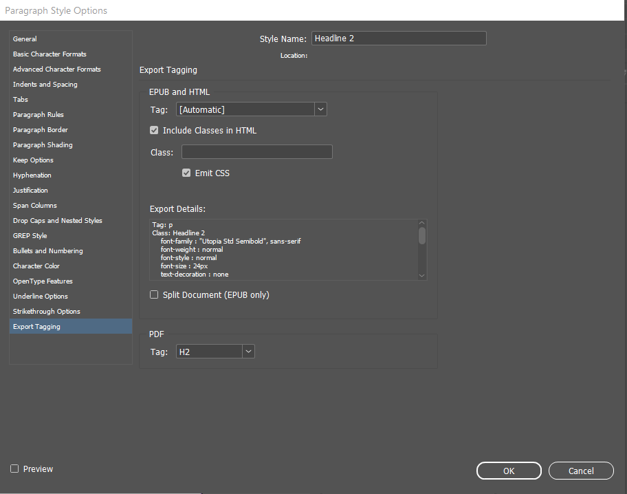 Screenshot of InDesign Paragraph Style Options Dialog with Export Tagging