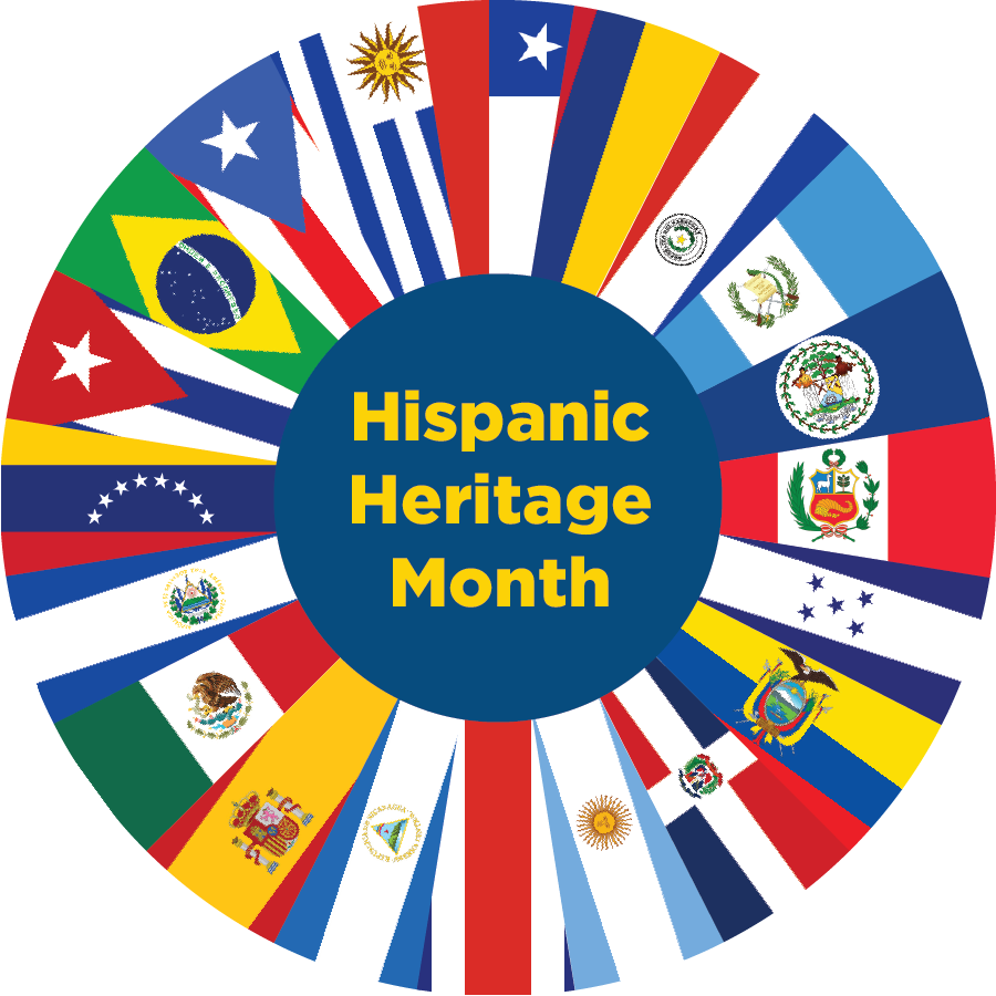 Image of a circle with the flags of different countries. The words "Hispanic Heritage Month" are in the middle of the circle.