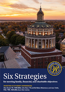 Six Strategies cover with Rush Rhees library tower and skyline in background