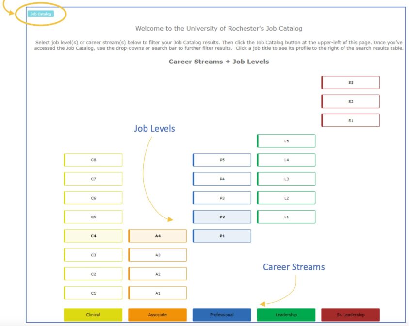 From the Job Catalog home page, find job levels and career streams .