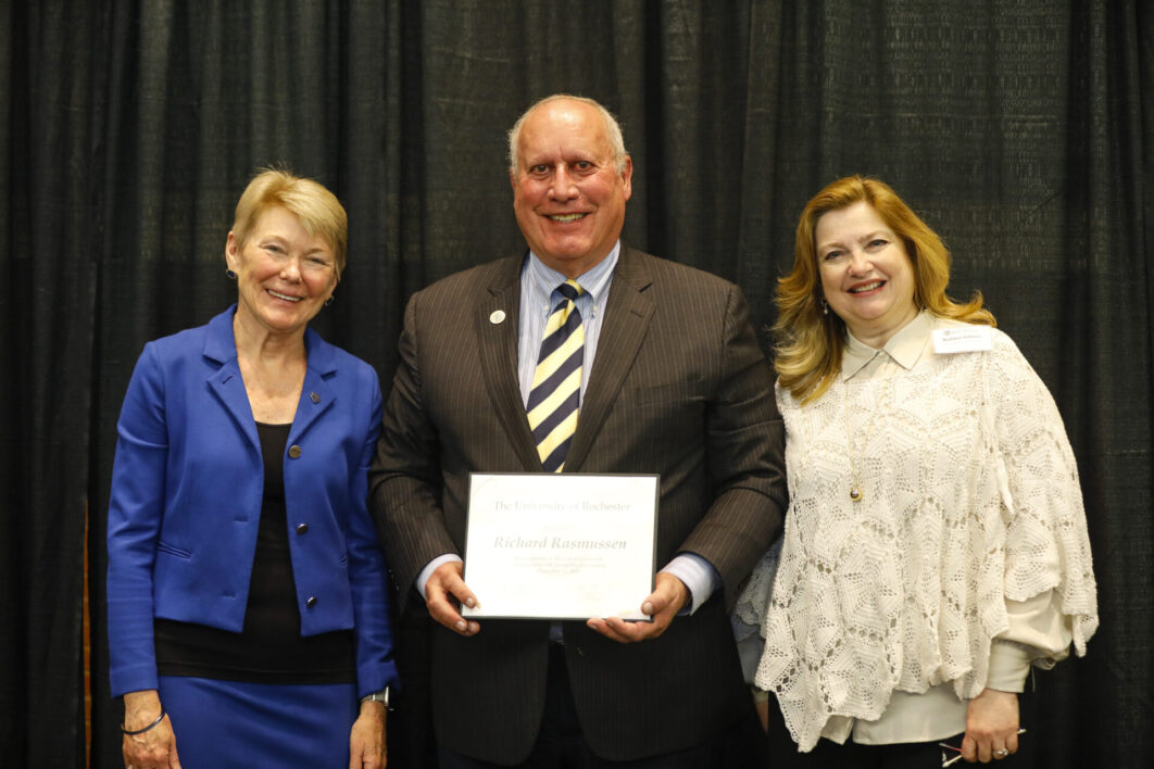 Richard Rasmussen (center) celebrated 50 years of service with University President Sarah Mangelsdorf (left) and Chief Human Resources Officer Kathy Gallucci (right).