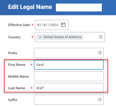 myURHR Edit Legal Name screenshot with the fields First Name, Middle Name, and Last Name highlighted.