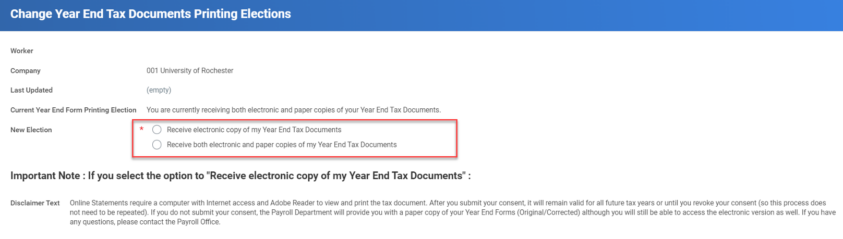 A screenshot of the 'Change year-end tax documents printing elections' screen with the options to the 'New Election' highlighted.