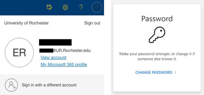 Profile dropdown menu (left image), and screen to change your password (right image)