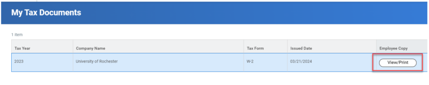 myURHR Tax Documents page highlighting 'View/Print' button. 