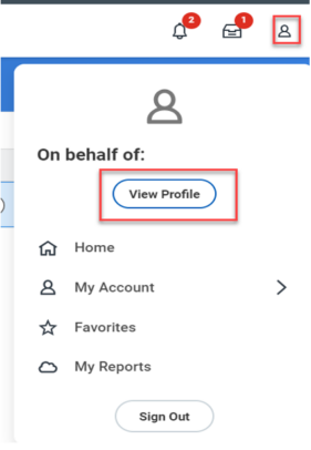 A screenshot of the account dropdown menu highlighting 'View Profile.'