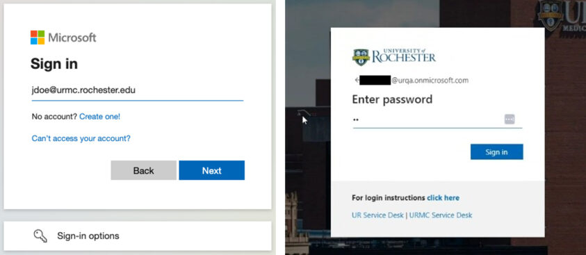 myURHR login screen with a prompt to enter an email (on the left) and password (on the right)