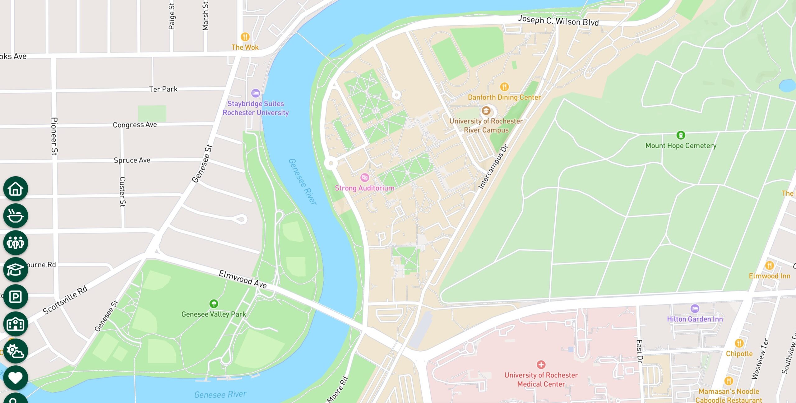Map of University of Rochester's River Campus and Medical Center.