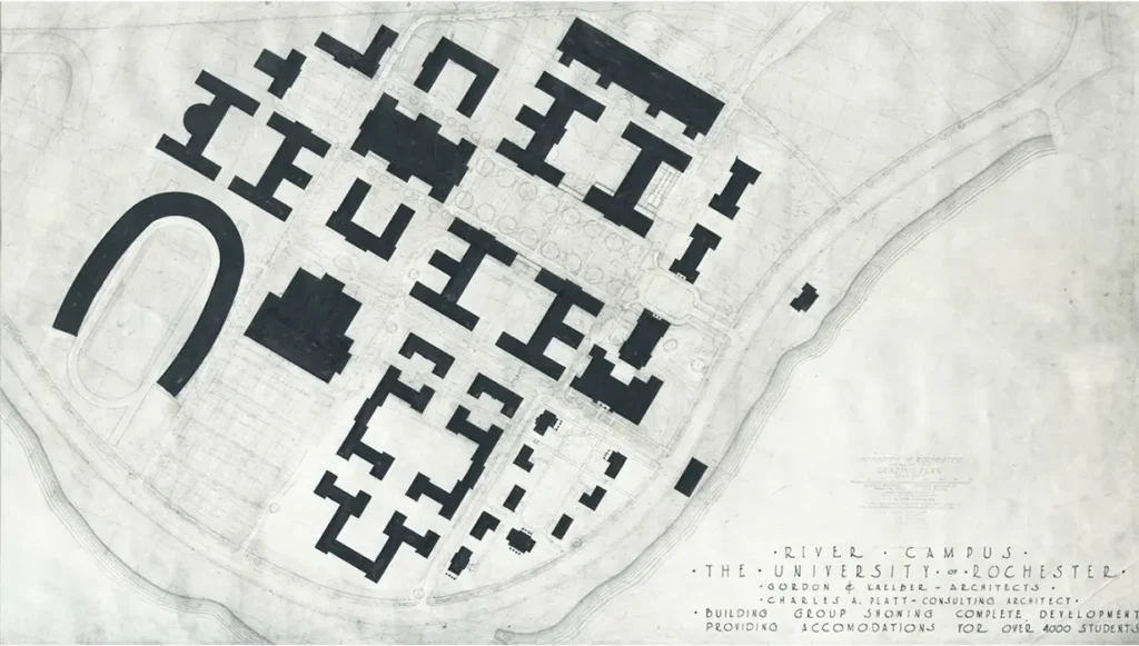 Sketch the proposed locations of University River Campus buildings, designed in 1930 by architecture firm Gordon & Kaelber and Charles A. Platt, consulting architect.