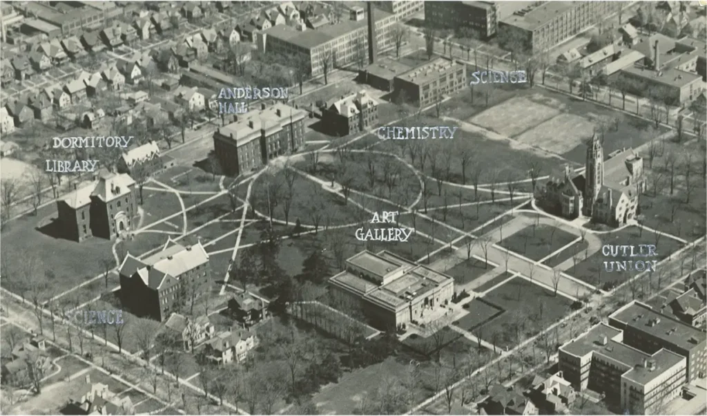 1930s black and white aerial photo of the University of Rochester campus.