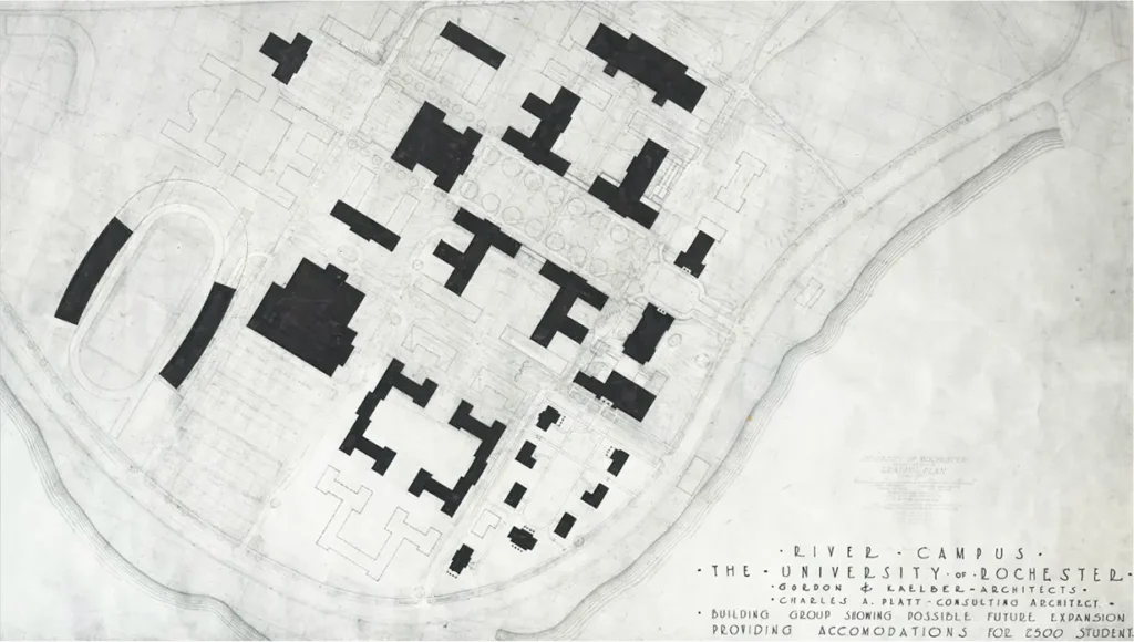 Sketch the proposed locations of University River Campus buildings designed in 1930 by architecture firm Gordon & Kaelber and Charles A. Platt, consulting architect.