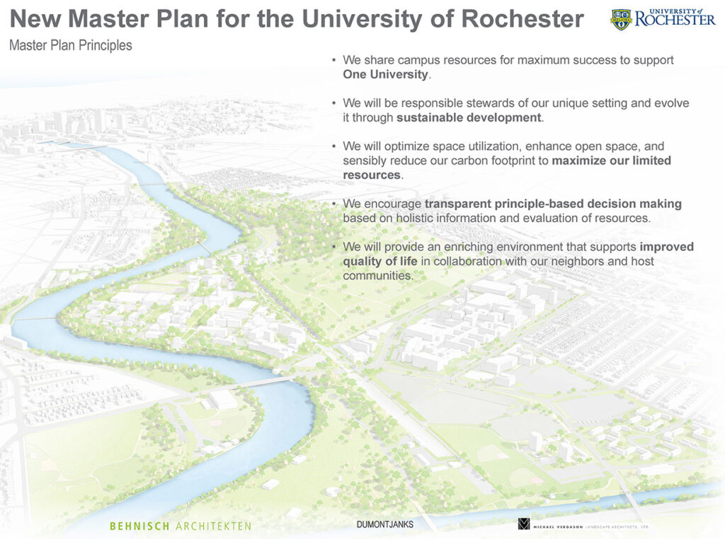 Decorative image of the University of Rochester campuses along the Genesee River with text overlay of the Master Plan Guiding Principles.