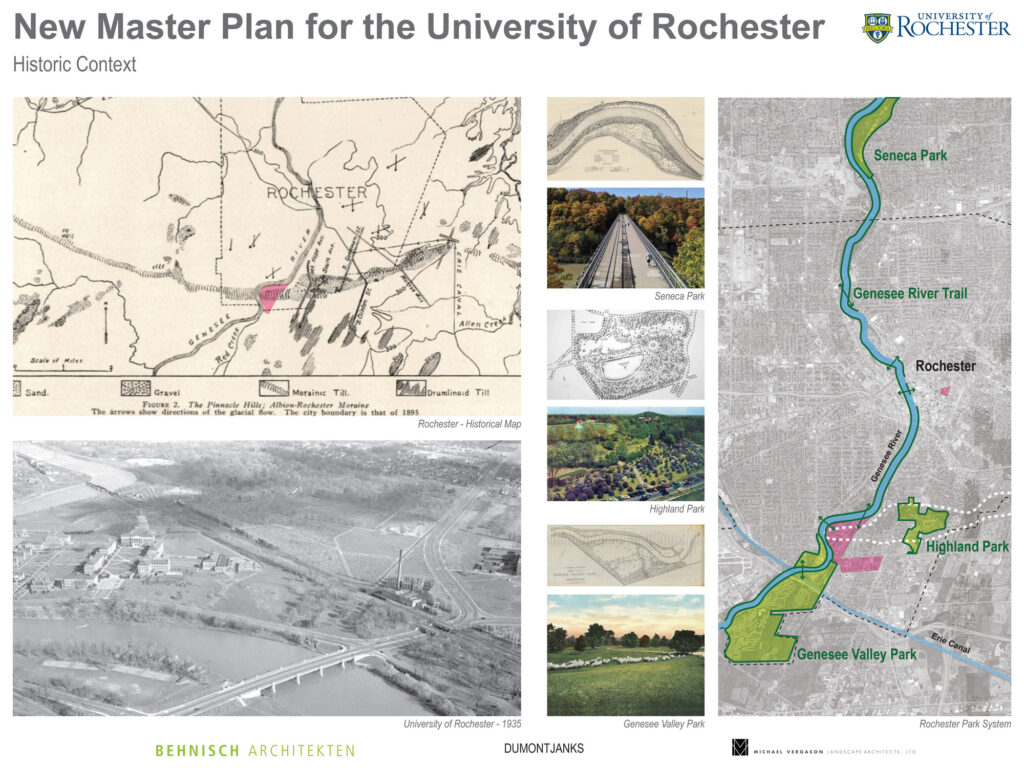 A series of nine historical maps and images displaying the landforms, hydrology, and natural amenities: 1) black and white historical map of the city boundary of Rochester from 1895 with glacial flows and future River Campus highlighted, 2) black and white aerial photo of the University of Rochester from 1935, 3) black and white historical map of Seneca Park, 4) lush image of Seneca Park bridge over Genesee River, 5) black and white historical map of Highland Park, 6) lush image of Highland Park, 7) black and white historical map of Genesee Valley Park, 8) lush image of Genesee Valley Park and 9) black and white aerial map of Rochester highlighting the proximity ofthe Rochester Park System to the University's campuses. 