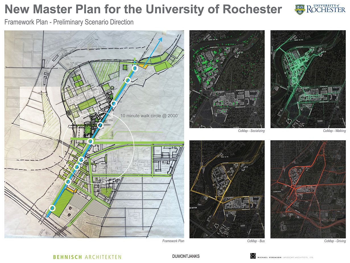 An architectural map of River Campus and the Medical Center highlights the potential for a transit spine running down Intercampus Drive; four GIS maps display walking, bus and transit routes identified in the campus co-mapping activity, also highlights the central importance of Intercampus Drive.