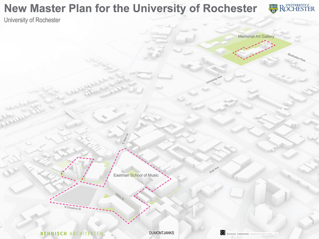 Graphic rendering illustrating the footprints of the Memorial Art Gallery and the Eastman School of Music.