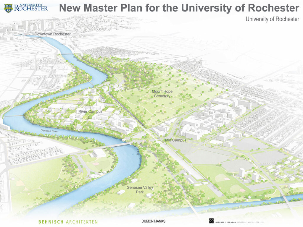 Graphic rendering of the current River Campus and Medical Center from the Genesee Valley Park to Downtown Rochester.