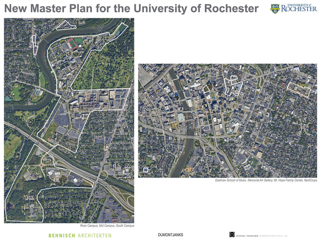 Satellite imagery of the River Campus, Medical Center, Eastman School of Music and Memorial Art Gallery and surrounding downtown area.