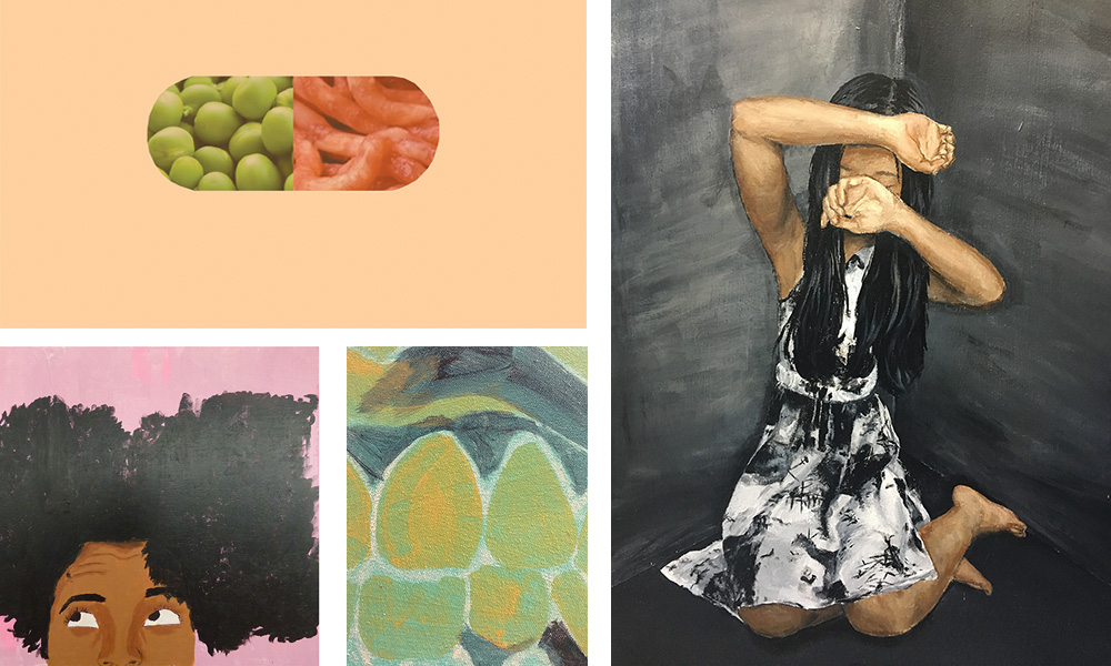 collage featuring details from four different student paintings