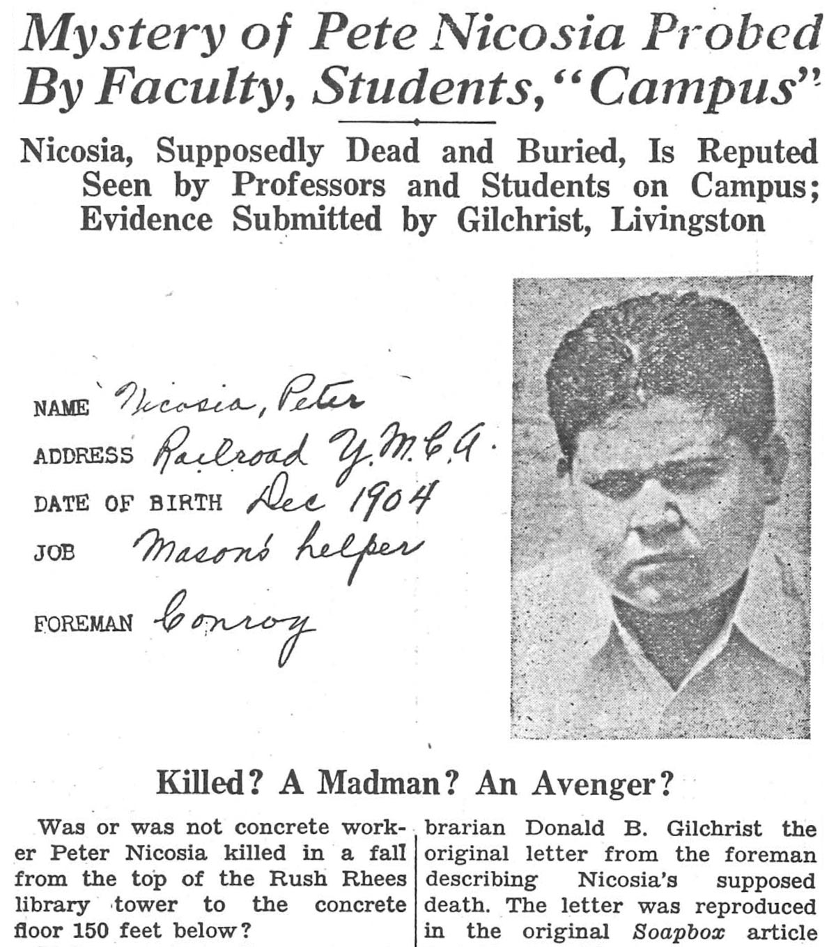 reproduction of Campus Times front page story on campus ghost from 1934