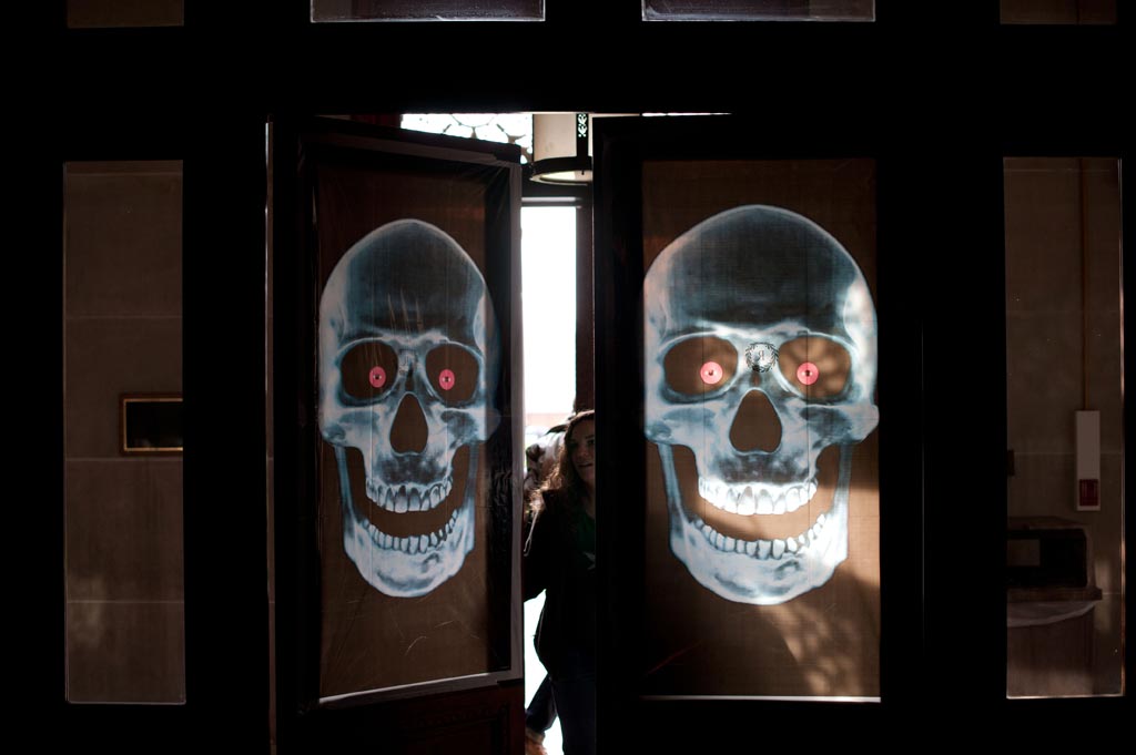 skeleton decorations on library doors