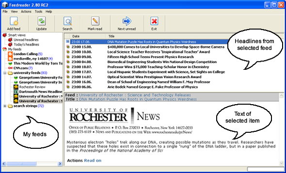 screenshot of Feedreader appliction showing the three-pane layout