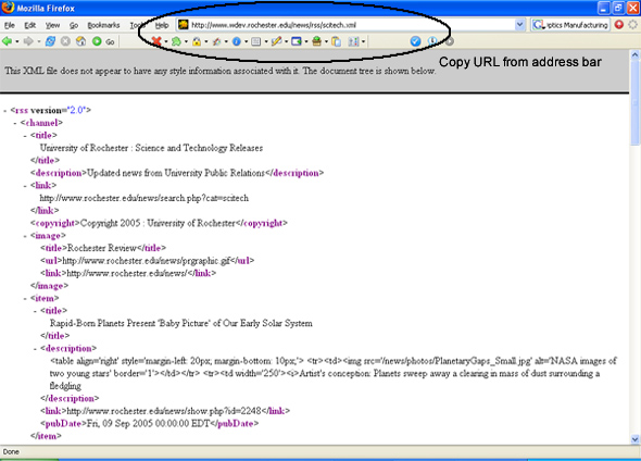 screenshot of XML feed in Web browser window