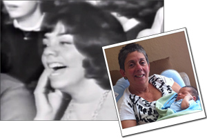 still image of screaming girl on the Ed Sullivan telecast, with a smaller image of the same woman with her grandson.