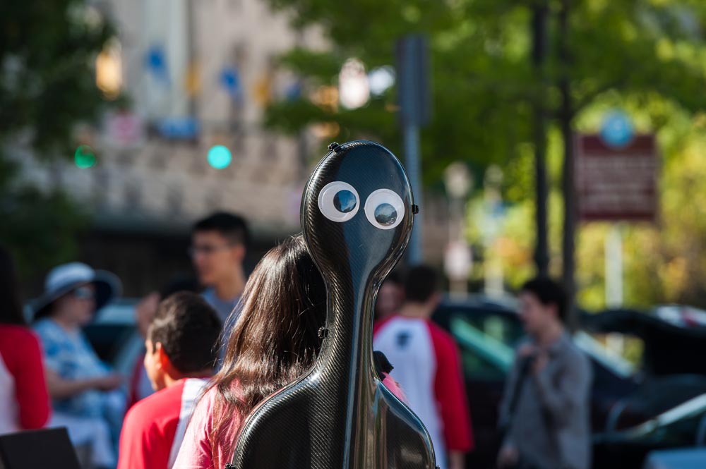 double bass case with funny eyeballs painted on it