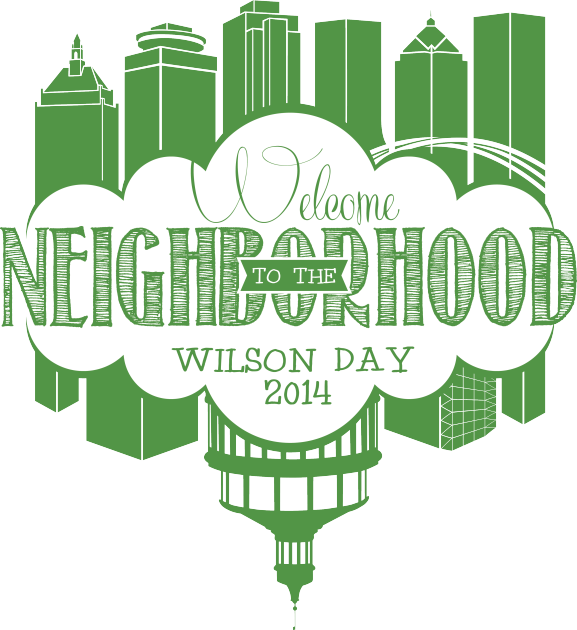Logo for Wilson Day 2014 features drawing of Rochester skyline and River Campus and reads Welcome to the Neighborhood, Wilson Day 2014