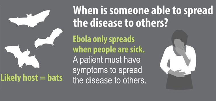 poster from the CDC says, when is someone able to spread the disease to others? Ebola only spreads when people are sick. Bats a likely carriers. 