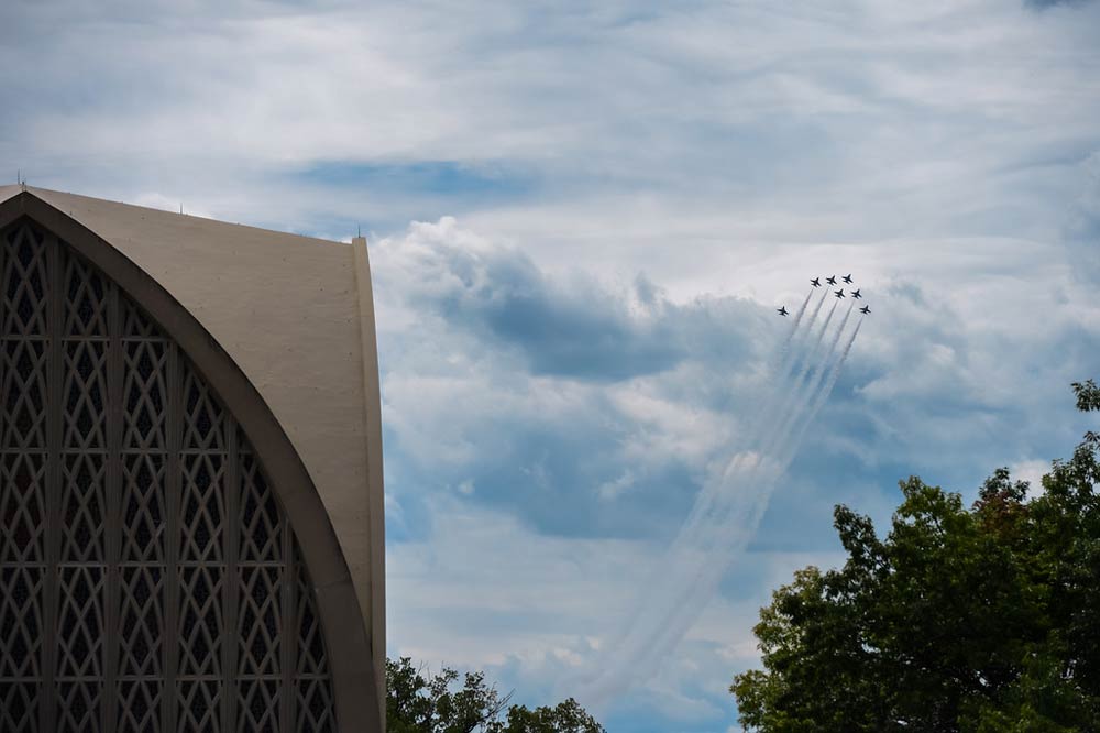 Blue Angels jets flying in the sky over the Interfaith Chapel