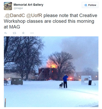 twitter post show photo of building on fire with text that reads Please note tha Creative Workshop classes are cancelled this morning