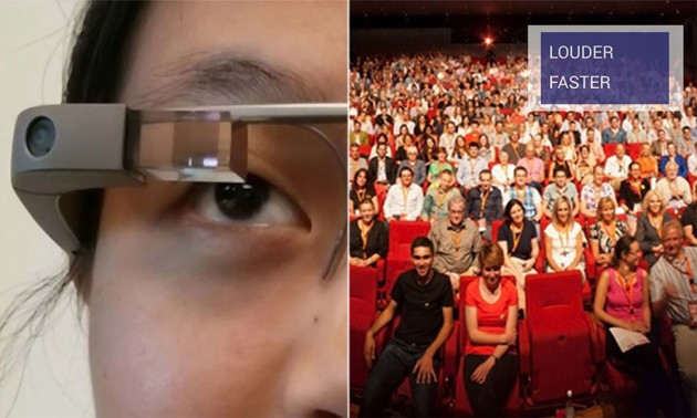 one side of the image shows a woman wearing Google Glass, the other shows an audience with the words Louder and Faster appearing over them