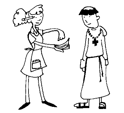 drawing of female waitress pointing pointing to her order pad, and a priest