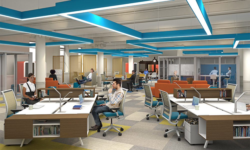 artist rendering of collaboration space in HighTech Rochester facility