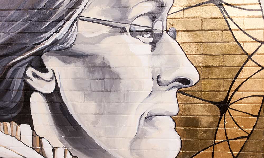 detail of a mural with an image of Susan B. Anthony.