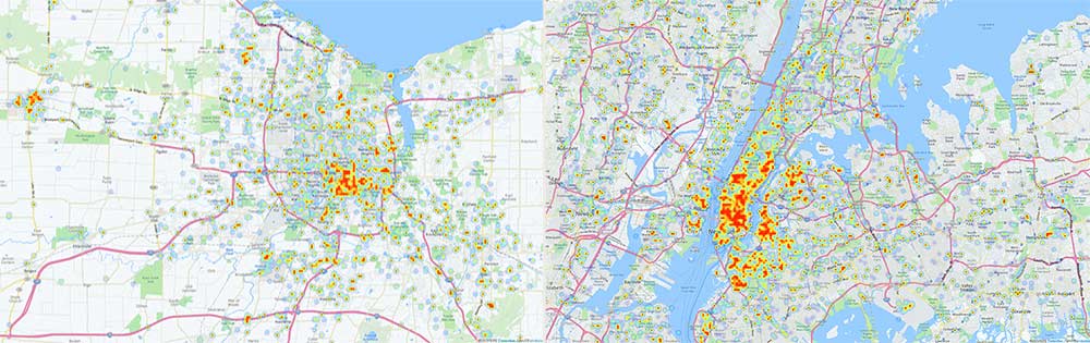 Heatmaps show concentrations of tweets while drinking from Monroe County, NY (left) and New York City. 