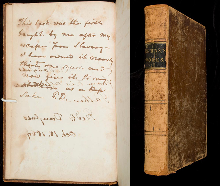 two images side by side, one showing Frederick Douglass's handwriting and the other the outside cover of the book of RObert Burns poetry