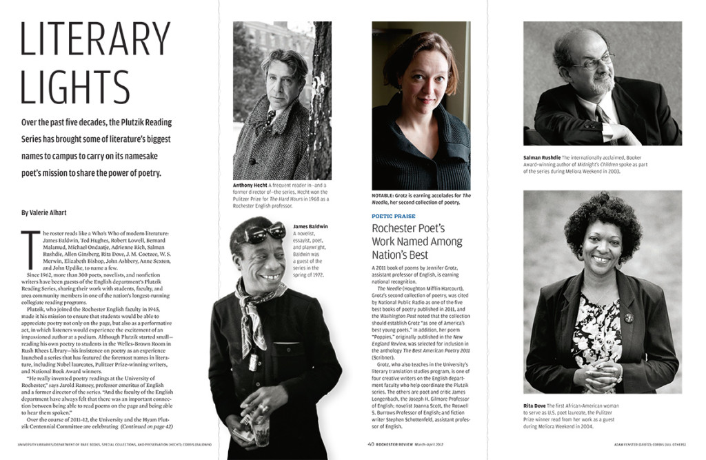 spread from an archival edition of Rochester Review showing some of the poets that have appeared in the Plutzik Series