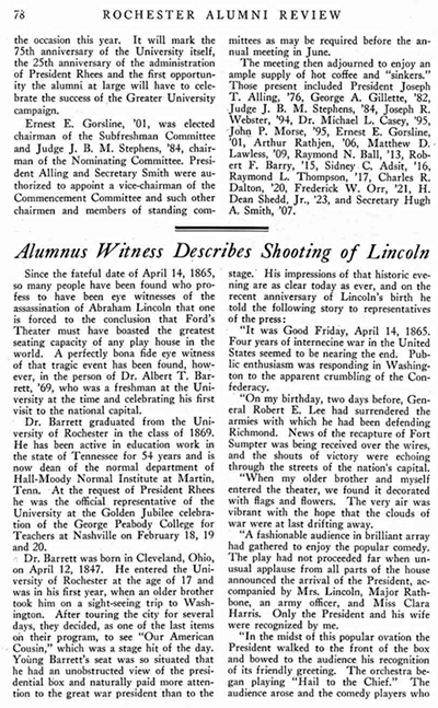 facsimile of the story in Rochester Review featuring alumnus witness account of Lincoln assassination