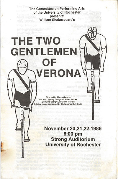 Two Gentlemen of Verona program cover showing two men on bicycles