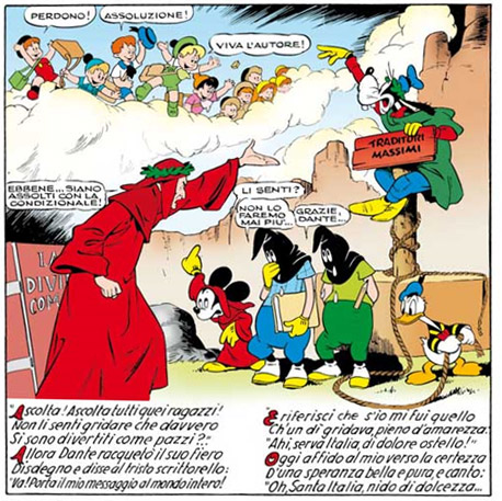 Mickey Mouse cartoon strip featuring a parody of Dante's Inferno